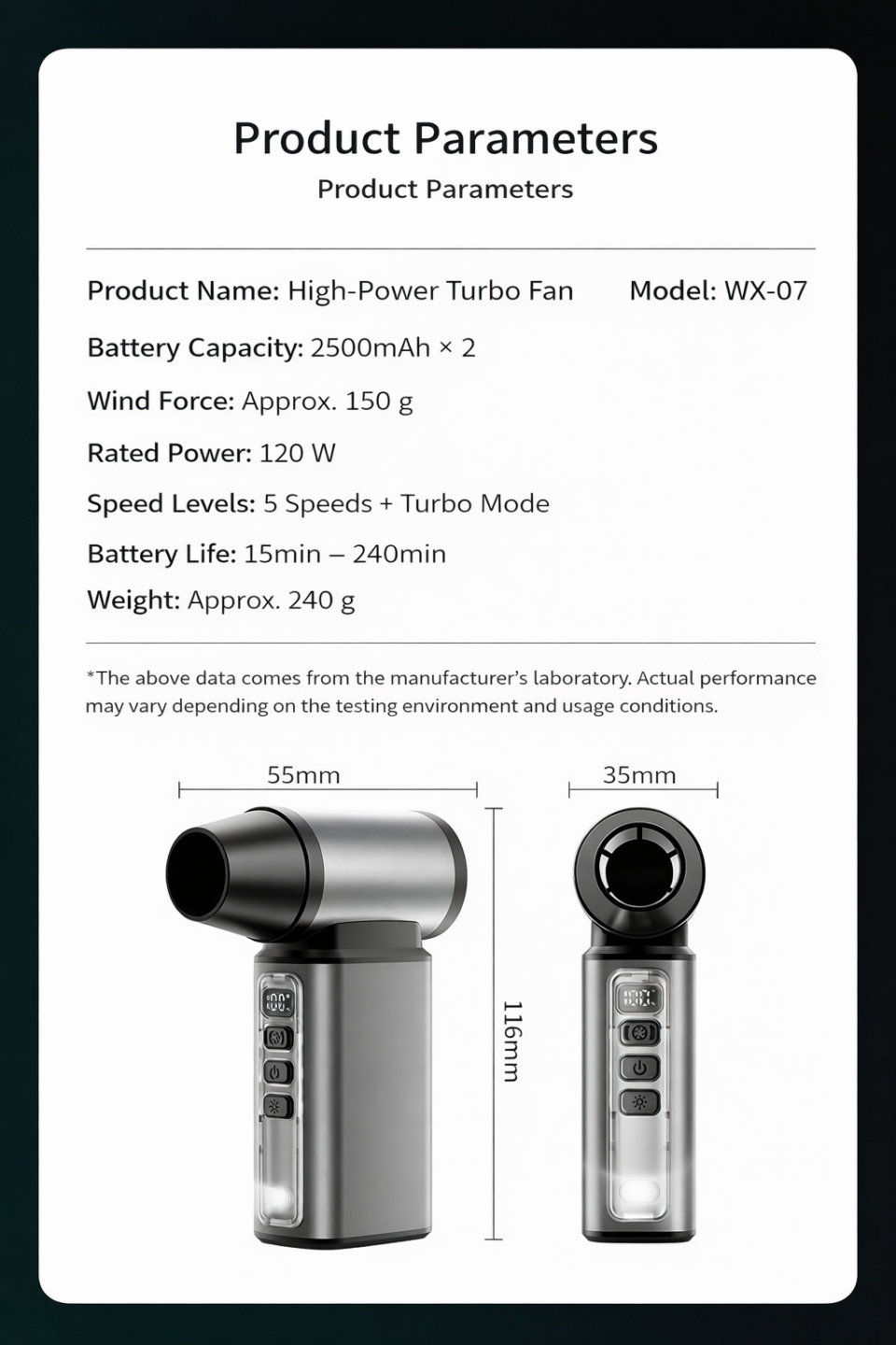 Fivechord WF-07 Turbo Jet Fan Technical Specifications - 108,000 RPM High-Speed Blower Data Sheet
