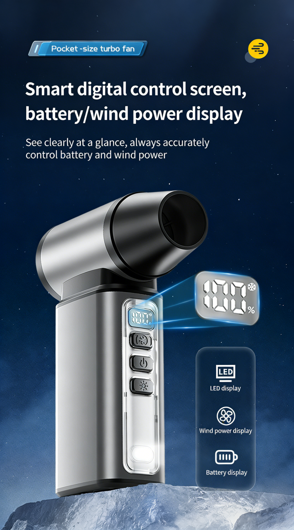 Fivechord WF-07 Turbo Jet Fan Smart LED Digital Display - Real-time Battery and Speed Monitoring
